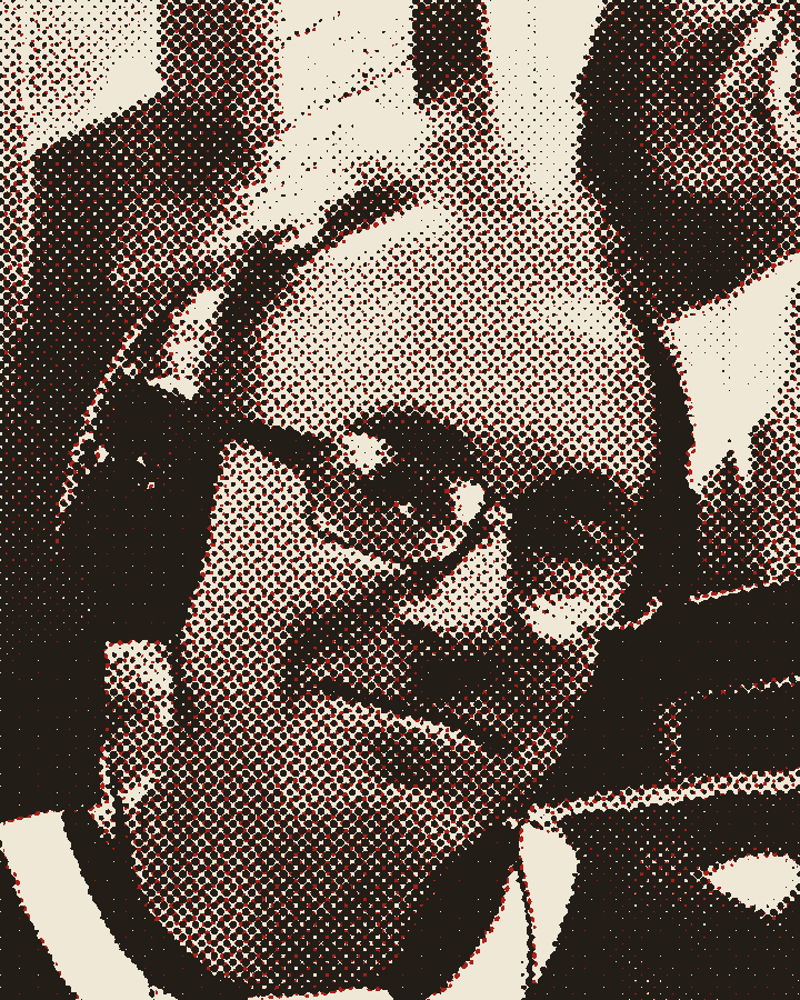 Bernie Corbett, printed in red and black halftone